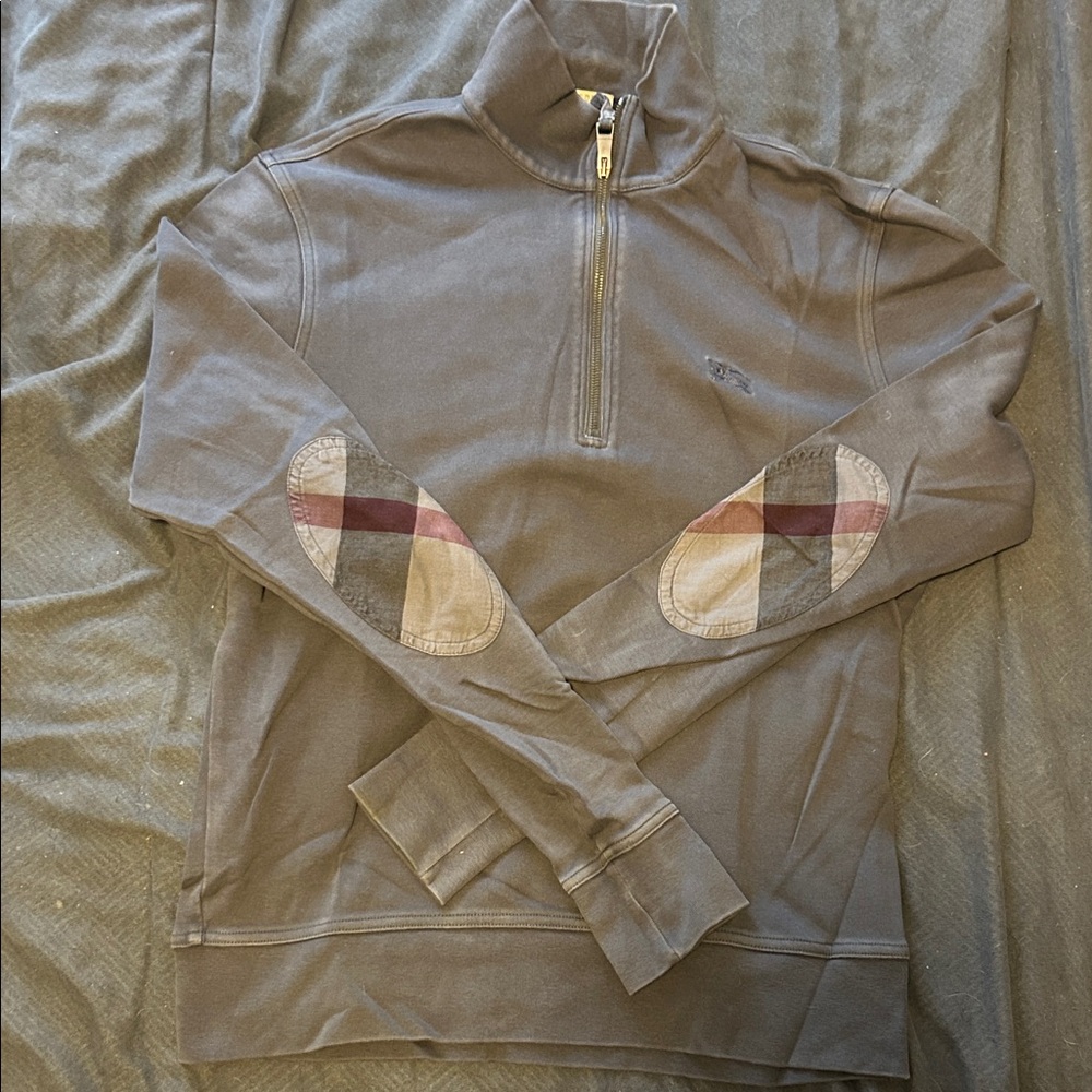 Burberry Gray Zip-Up Sweater with Plaid Accents